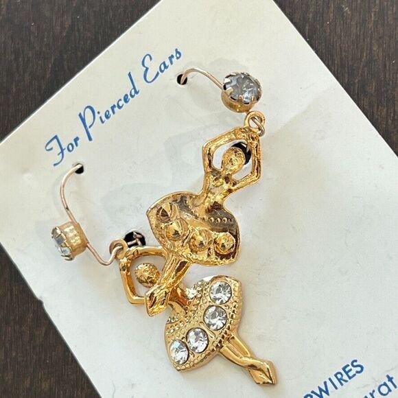 VTG 14k Karat Gold Dancing Ballerinas Zircon Earrings For Pierced Ears Made USA - Picture 3 of 7